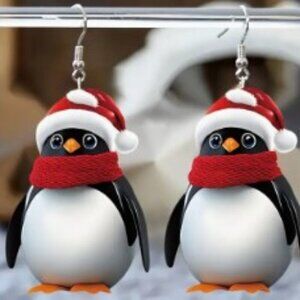 Penguin Dangle Earrings with Christmas Hat - Acrylic Design, Hypoallergenic